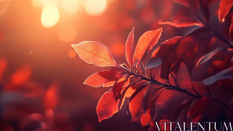 Vibrant red autumn leaves in warm sunset light, soft focus nature.