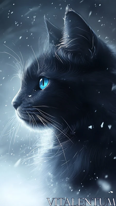 Black Cat with Piercing Blue Eyes in Snowstorm.