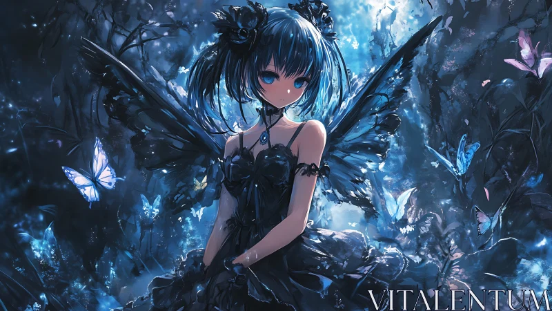 Nocturnal blue fairy girl amid luminous butterflies in forest