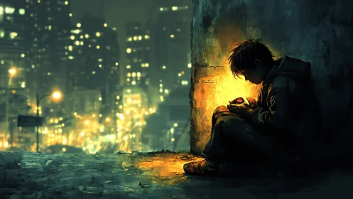 Quiet city corner where a small light cradles a lonely heart.