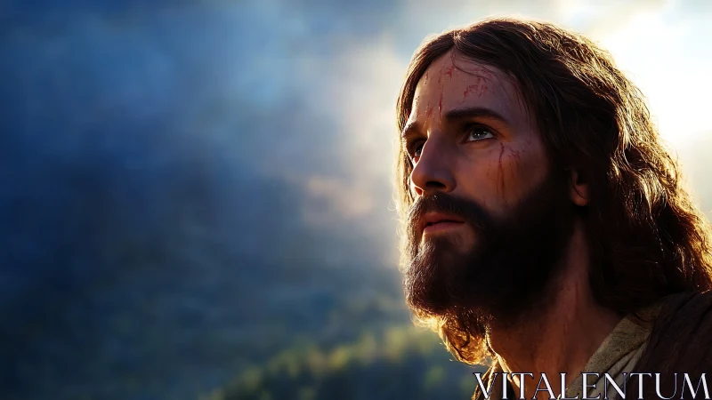 Bearded man with wounds against blue sky background.