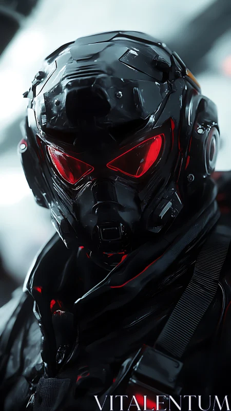 Tactical exosuit operative with red HUD visor and glossy armor