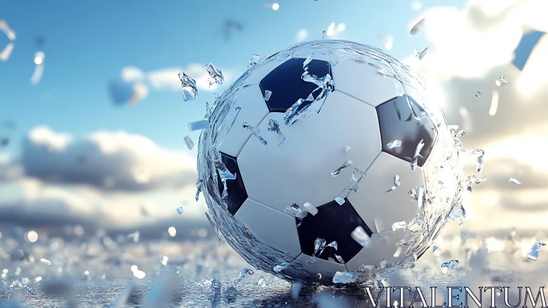 Shattering droplets crown the soaring soccer ball in mid-flight