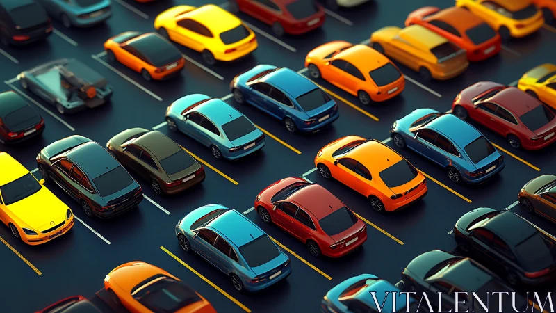 High-density parking grid of glossy sedans in vivid colors
