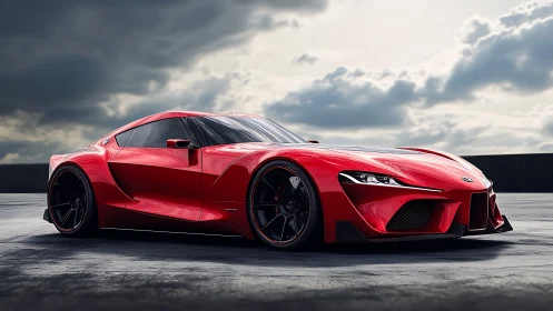 Low-slung red sports coupe under stormy dramatic sky.