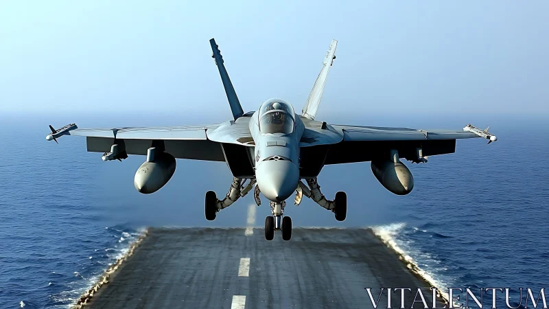 Carrier-based fighter jet launches over deep blue ocean runway.