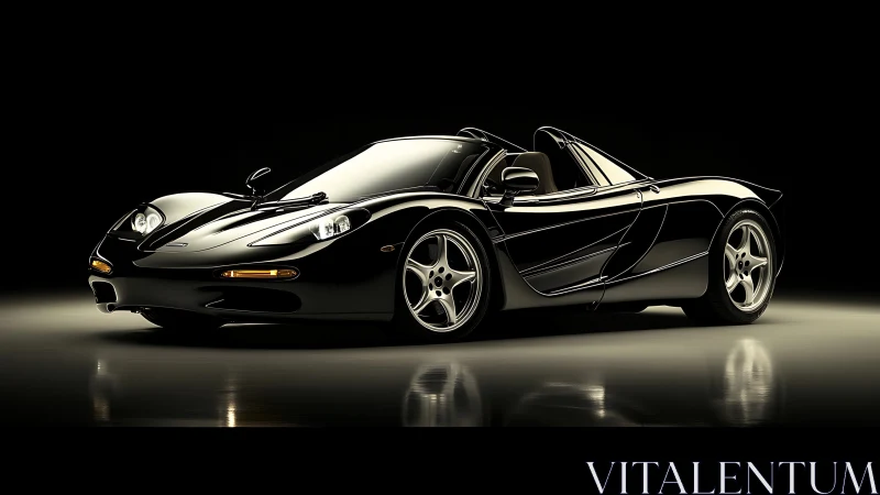 Black convertible sports car on reflective studio surface.