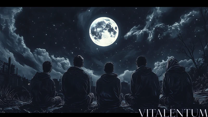 Five silhouetted figures observe a full moon in nocturnal tableau