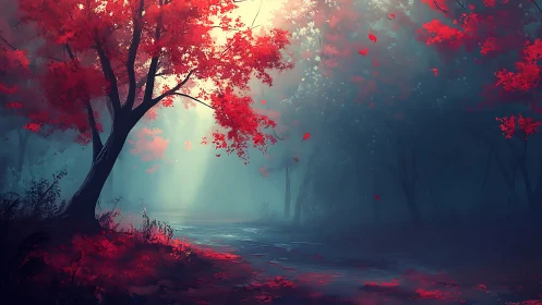 Crimson Canopy Over Misty Waters. Digital Rendering.