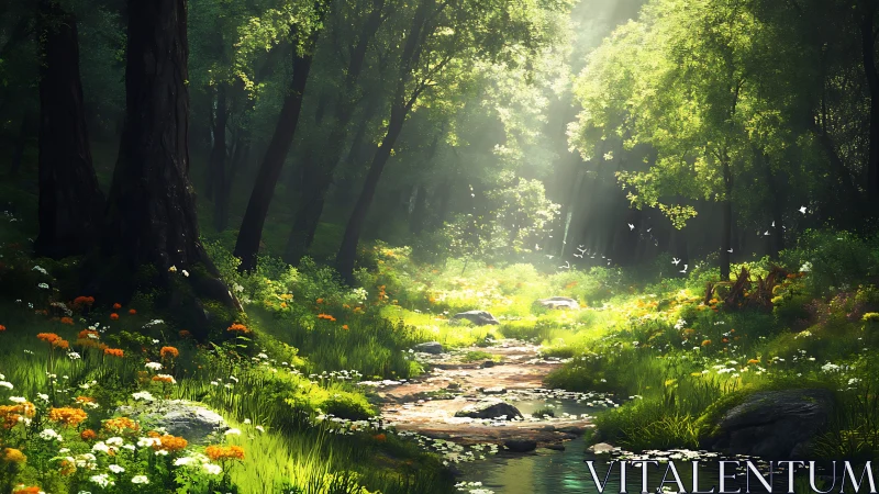 Forest Stream with Sunlit Canopy and Wildflowers