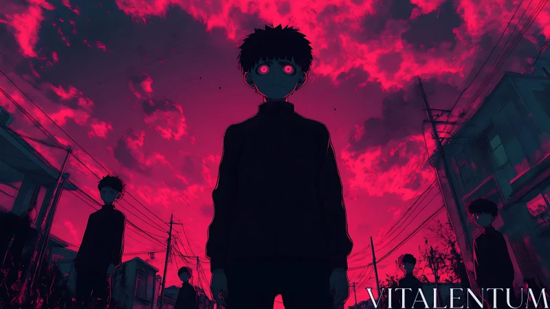 Backlit anime figures under magenta storm sky with extreme contrast