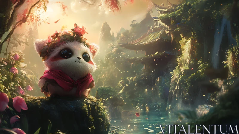 Adorable forest creature gazes over tranquil fantasy shrine.