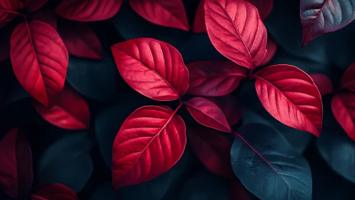 Macro study of red foliage against cool teal shadowed leaves