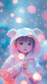 Child in luminescent hooded coat within bokeh particle field.