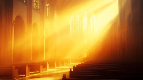 Sunlit cathedral nave glows with golden diffused rays.