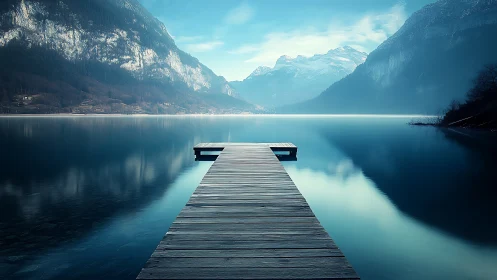 Orthogonal lakeside jetty in symmetric alpine reflection field.