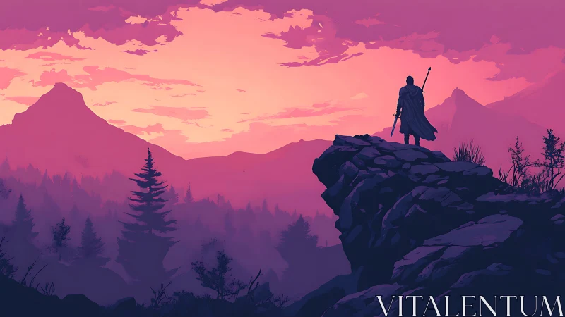 Solitary cloaked wanderer surveying misty conifer valley at dusk