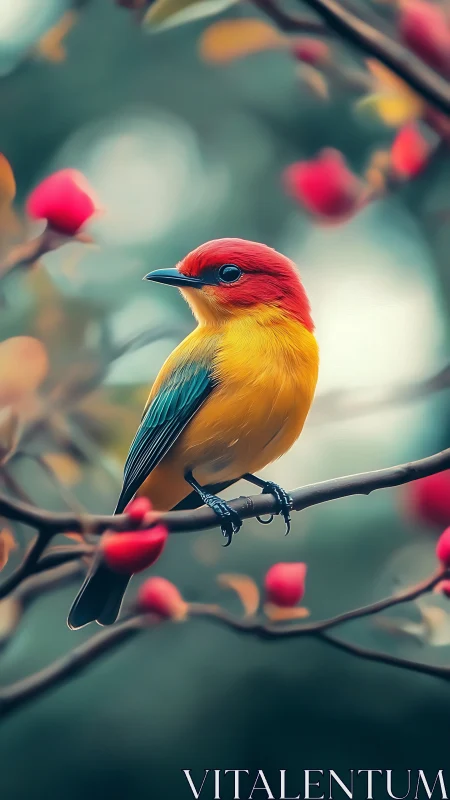 Colorful songbird on branch within soft floral bokeh field.