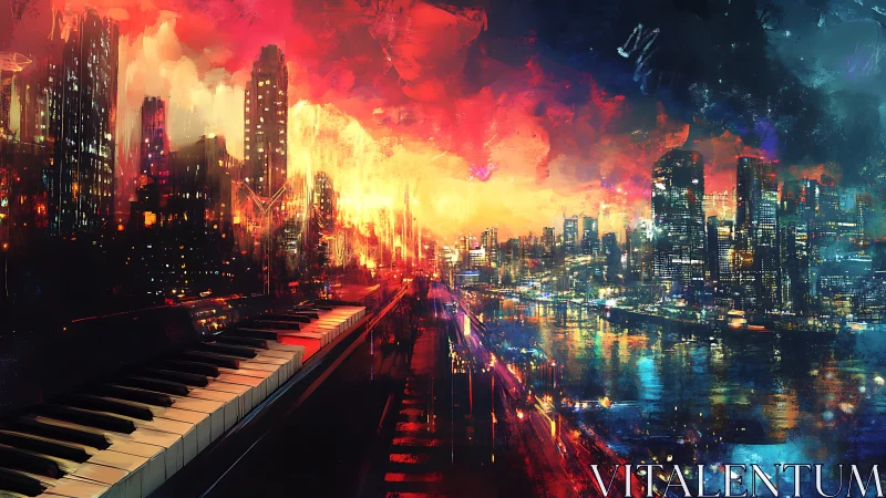 City river skyline with piano at vivid sunset glow.