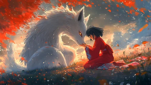 Girl in red bonding with gentle white fox spirit at dusk.