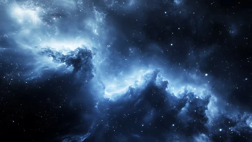 Stellar nebula clouds glow in deep blue interstellar space