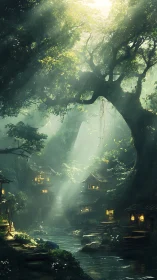 Luminescent Forest Haven: Where Ancient Trees Guard Golden Sanctums.