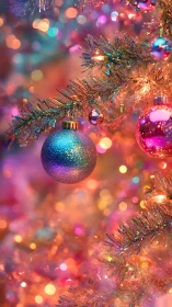 Cozy holiday tree lights and ornaments in dreamy color glow.