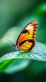 Orange butterfly on green leaf in shallow depth of field.