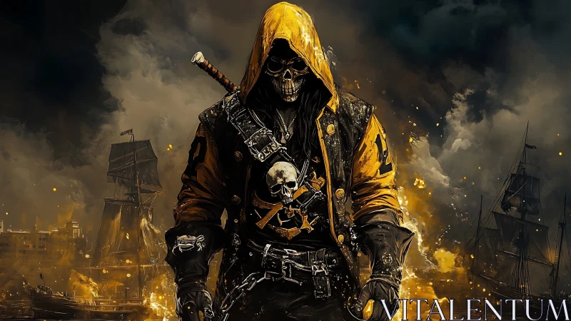 Hooded skeletal pirate captain strides through burning harbor.