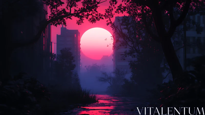 Neon sun sinks through misty overgrown city canal.