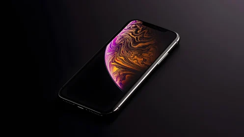 Modern smartphone with vivid abstract wallpaper on dark background.