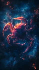Cosmic crab silhouette glowing in deep blue nebula field.