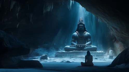 Icy cavern meditation before monumental Shiva sculpture.