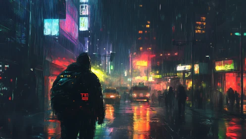 Lone traveler walks a neon city street under relentless rain