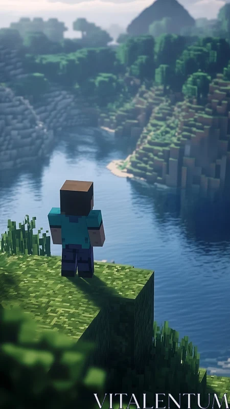 Blocky wanderer pauses above a shimmering voxel valley