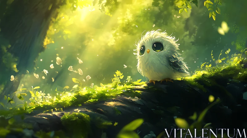 Adorable Fluffy Owl in Sunlit Forest, Whimsical Digital Art.