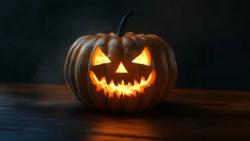 Glowing carved jack o lantern on dark wooden table.