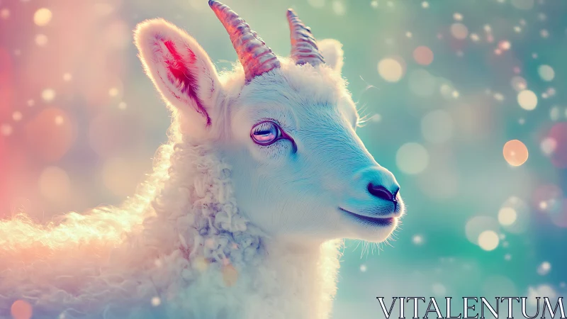 Iridescent white goat glows against dreamy bokeh light field