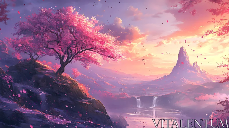 Radiant sakura valley rendered in luminous digital fantasy lighting