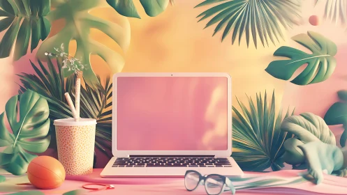 Tropical laptop workspace with pastel jungle backdrop.