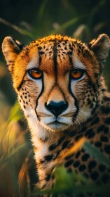 Cheetah head and upper body in soft natural backlight.