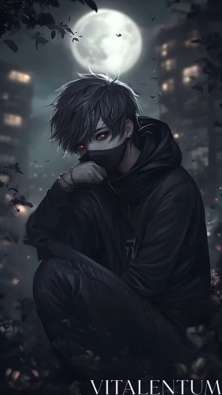 Masked figure in dark clothing under full urban moonlight.