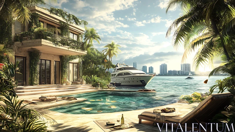 Luxury waterfront villa with pool and moored yacht at sunset