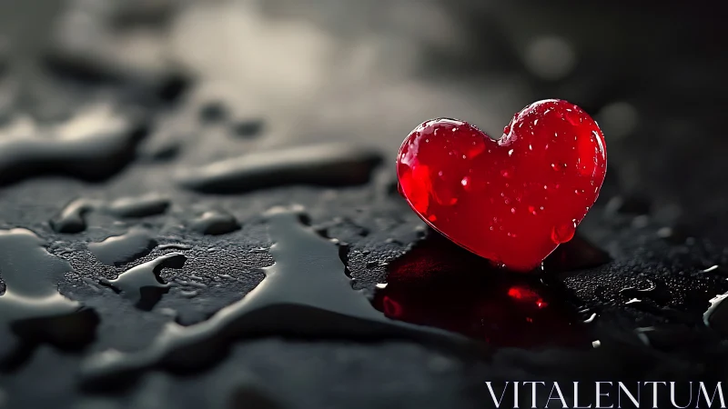 Crimson Heart Suspended on Wet Obsidian Surface.