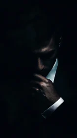 Shadowed thinker in a suit wrapped in quiet midnight light.