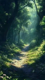 Luminous Forest Pathway: Ancient Trees Frame Ethereal Light