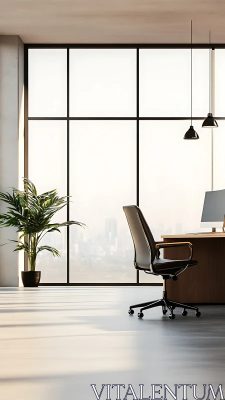 Sunlit minimal office throne waits beside sky-high windows