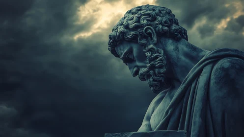Melancholic classical statue silhouetted against storm clouds