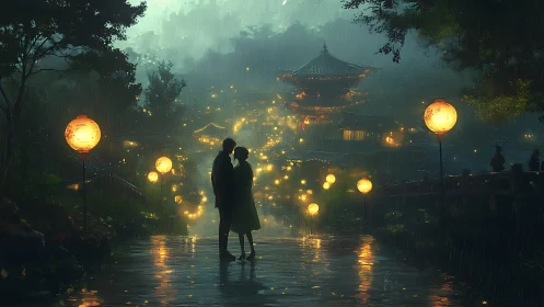 Rainy Night Embrace in Luminous Oriental Garden.