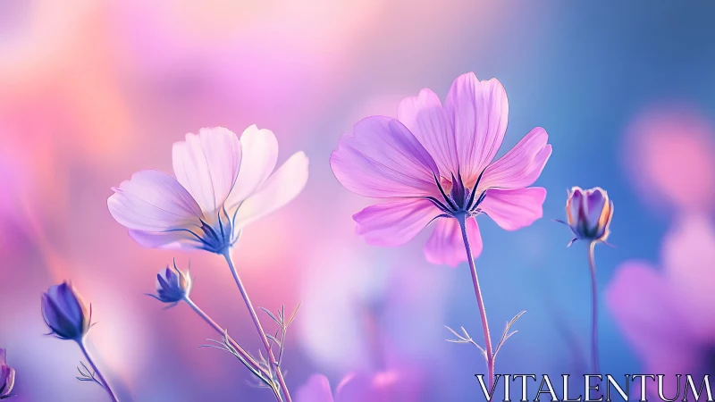 Soft cosmos blossoms glow in dreamy pastel evening light.